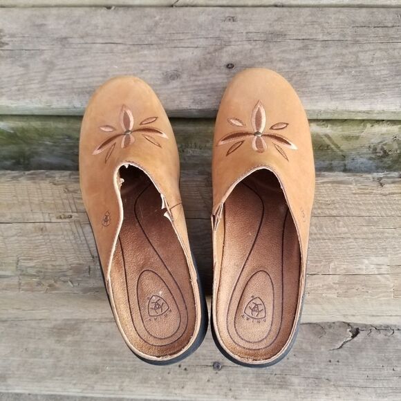 Ariat Alamosa Camel Tan Suede Leather Floral Embroidered Open Back Mules 8.5 - Picture 5 of 10